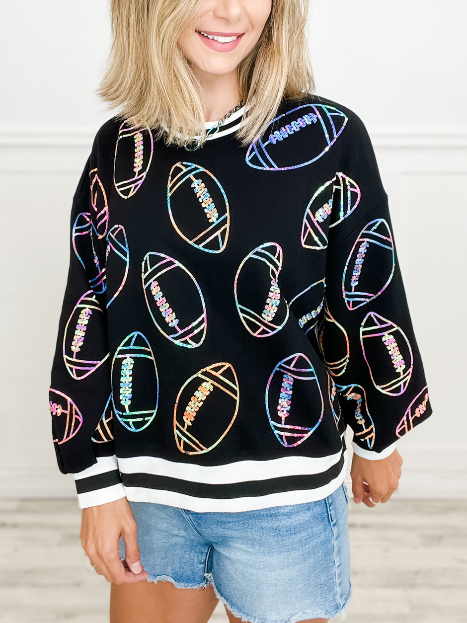 Queen of Sparkles Black Multi Football Sport Stripe Sweatshirt