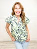 Floral Print Ruffle Trimmed V-Neck Bubble Short Sleeve Top