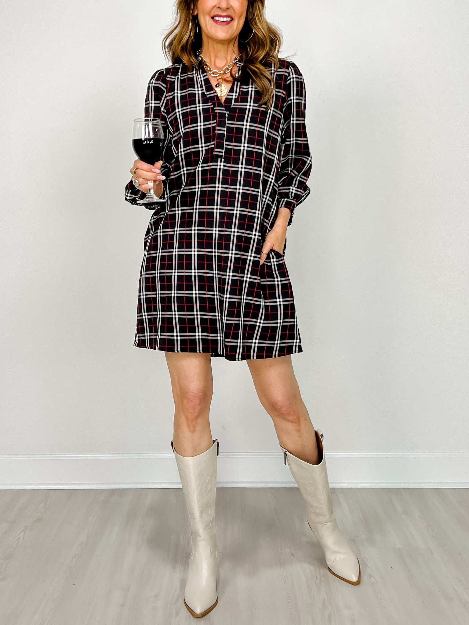 Checkered Print V-Neckline 3/4 Puff Sleeves with Pockets