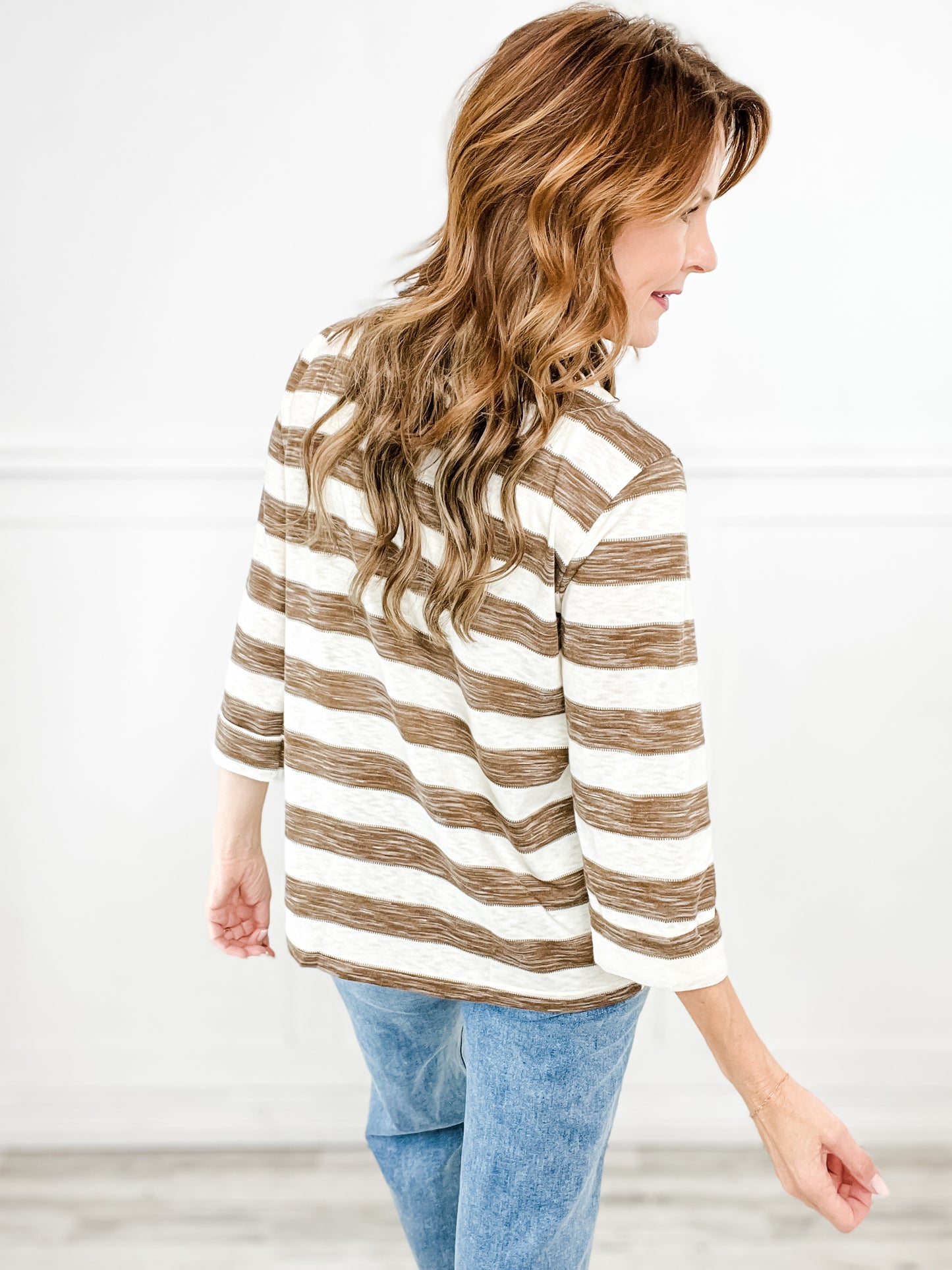 3/4 Length Sleeves Striped Top with Round Hem