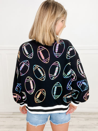 Queen of Sparkles Black Multi Football Sport Stripe Sweatshirt