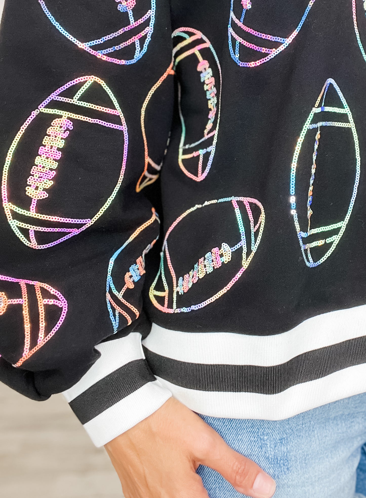 Queen of Sparkles Black Multi Football Sport Stripe Sweatshirt