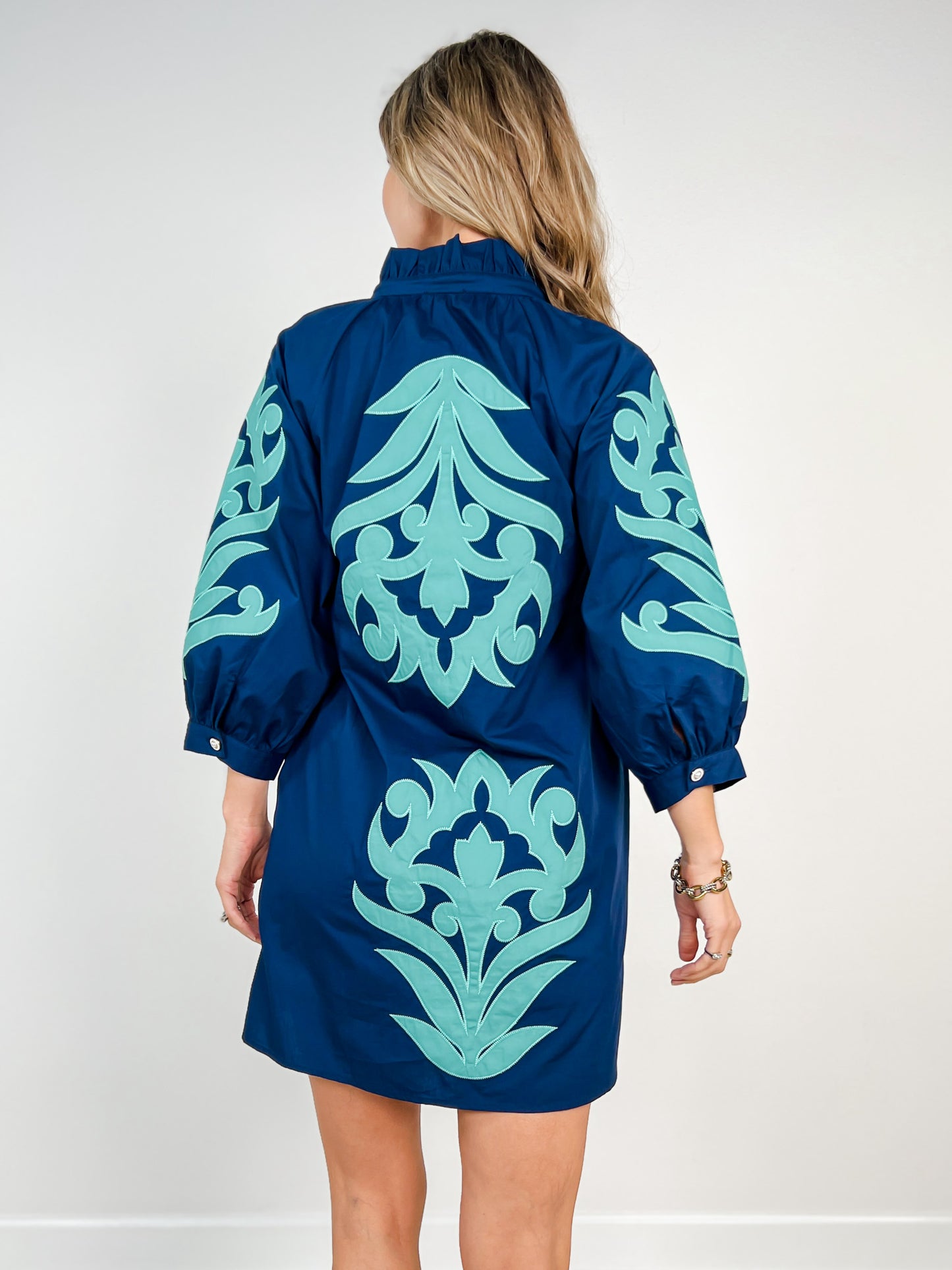 3/4 Sleeve Baroque Floral Applique Mini Shift Dress