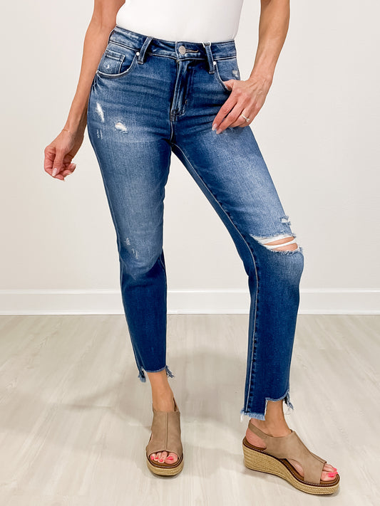 RISEN SASSY Mid-Rise Frayed Step Hem Ankle Straight Jeans