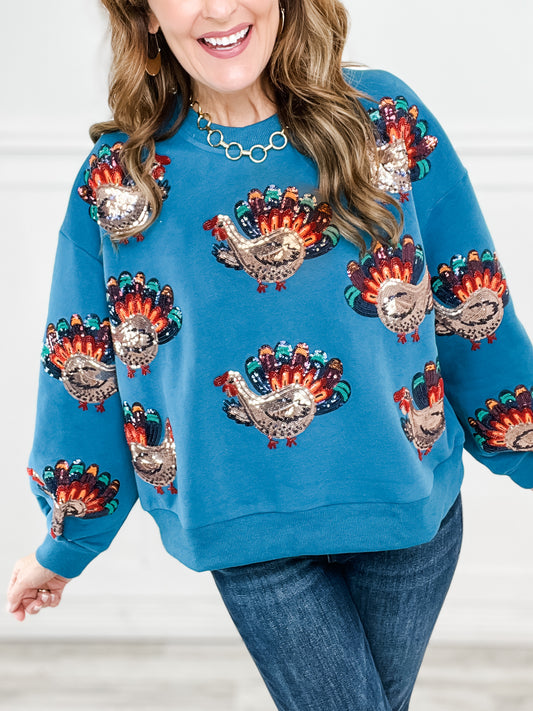 Queen of Sparkles Dark Teal Beaded Turkeys All Over Sweatshirt