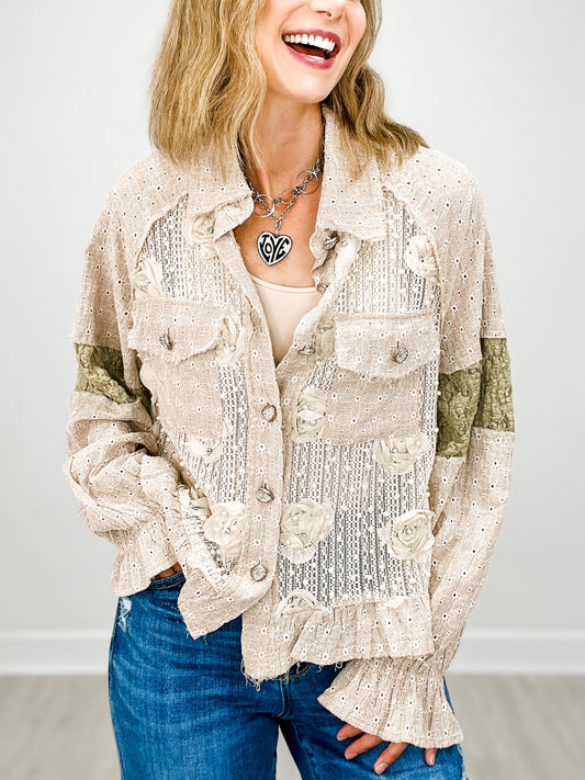 Long Balloon Sleeve Flower Detail Button Down Top