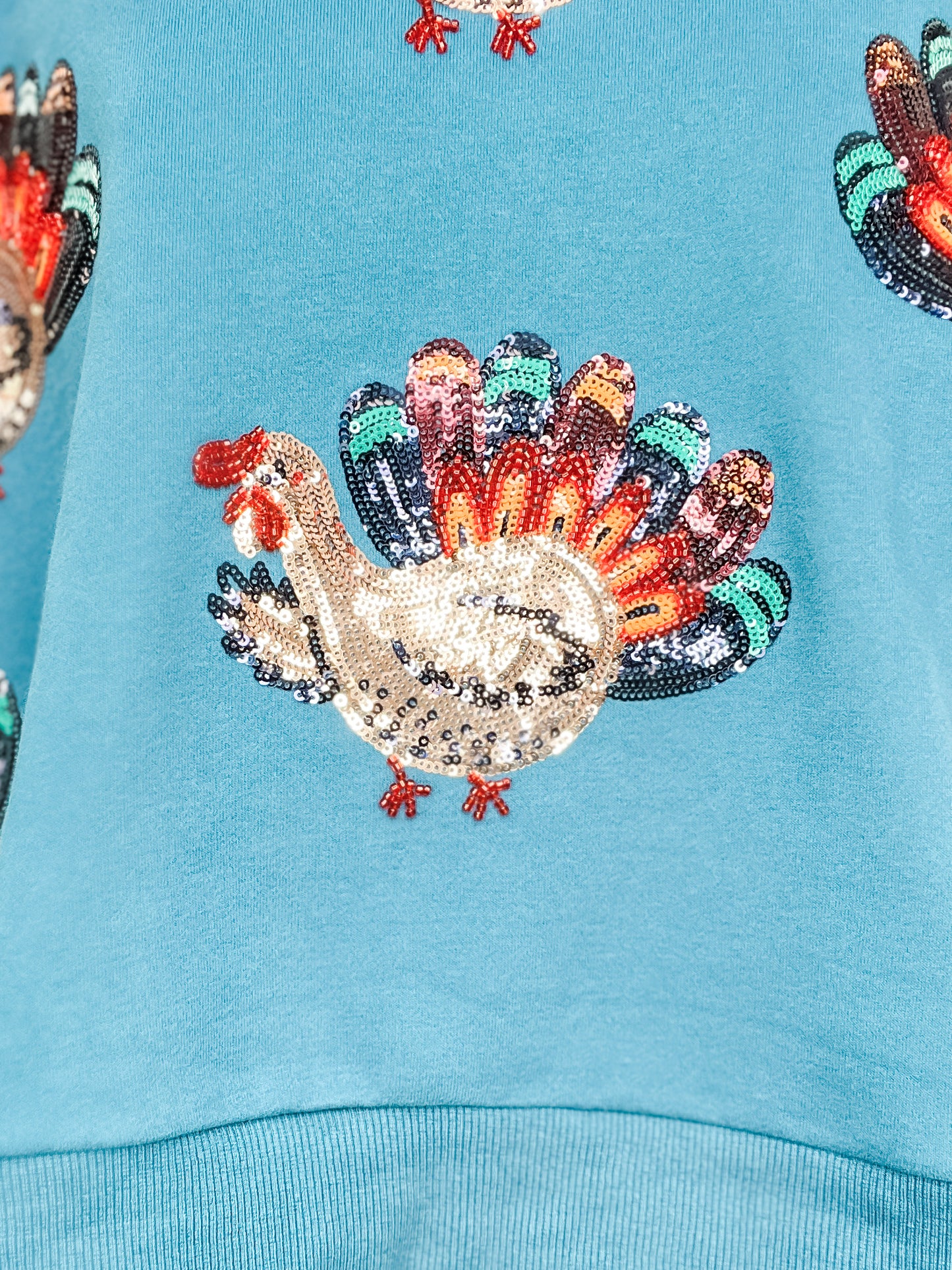 Queen of Sparkles Dark Teal Beaded Turkeys All Over Sweatshirt