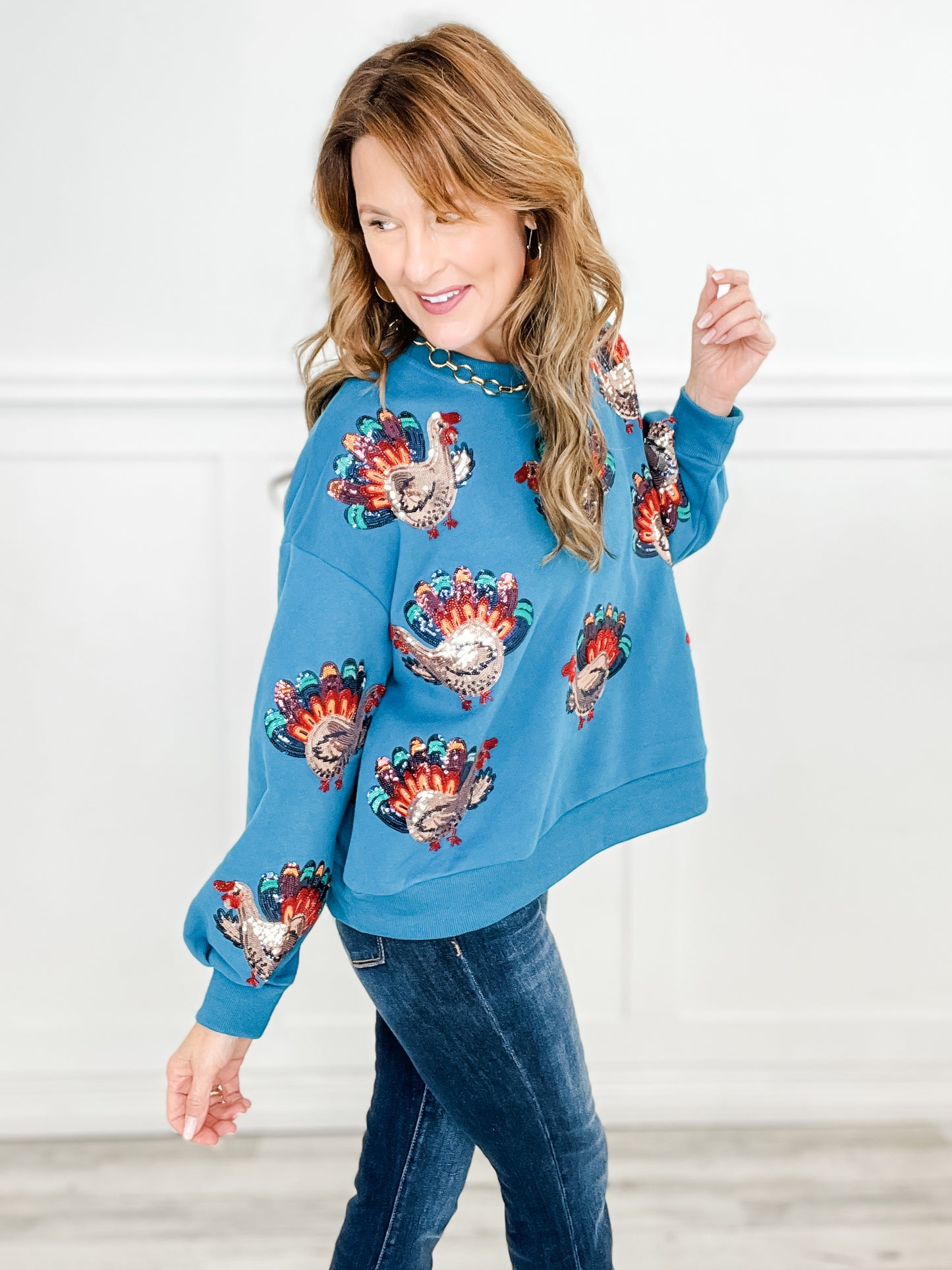 Queen of Sparkles Dark Teal Beaded Turkeys All Over Sweatshirt