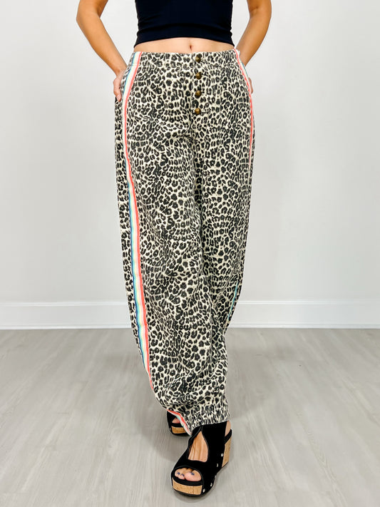 Relaxed Fit Leopard Pants with Side Tape Detail