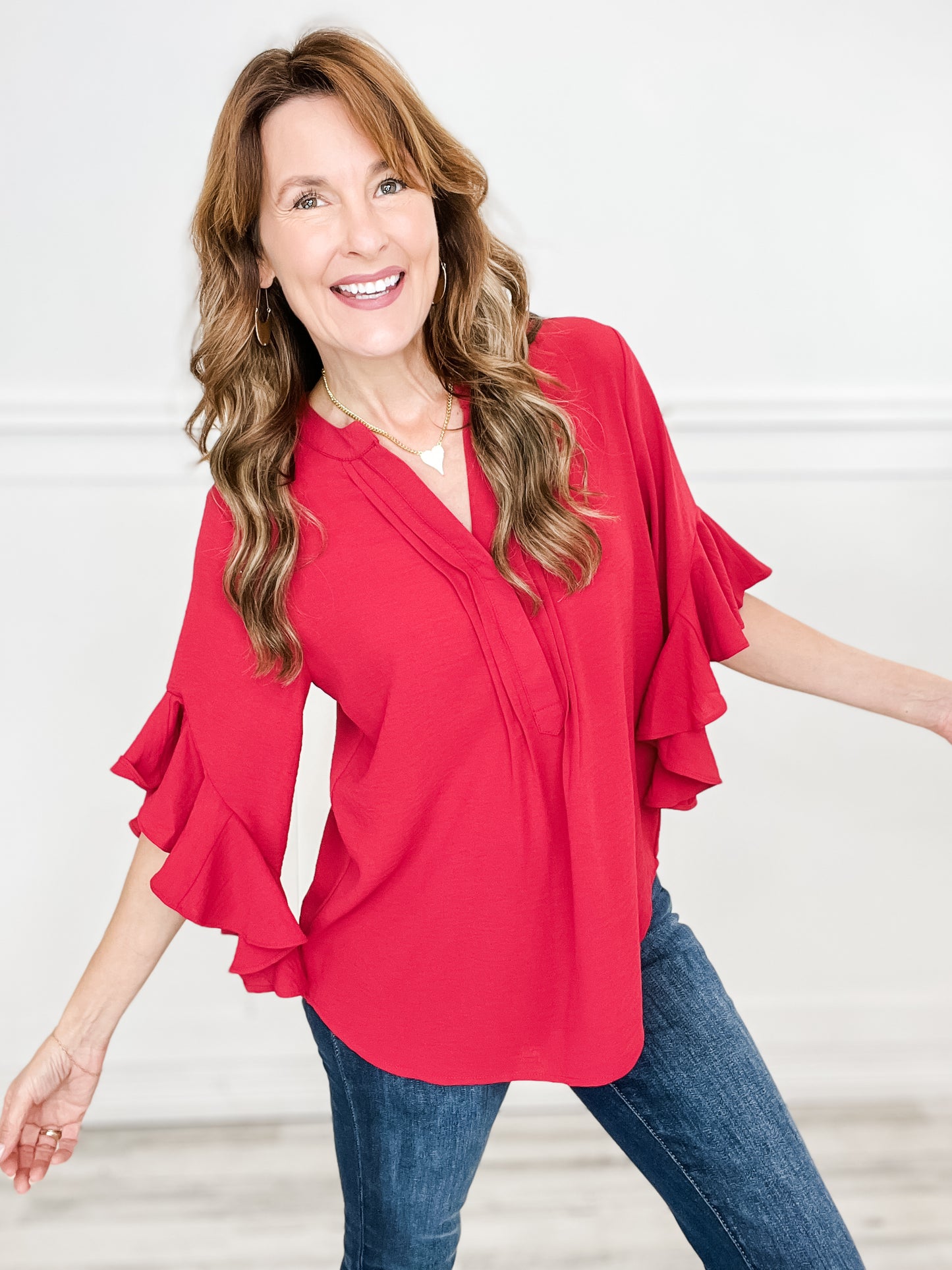 Ruffled Bell Sleeve and Front Pleated Detail Top in Red