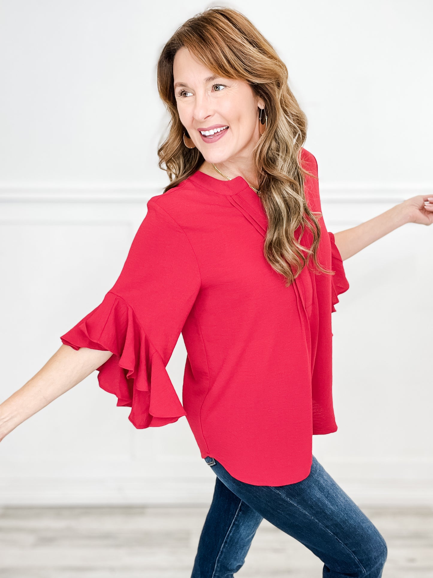 Ruffled Bell Sleeve and Front Pleated Detail Top in Red