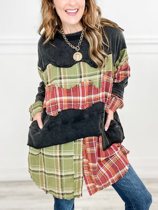 Long Sleeve Washed Plaid Patchwork Tunic Top