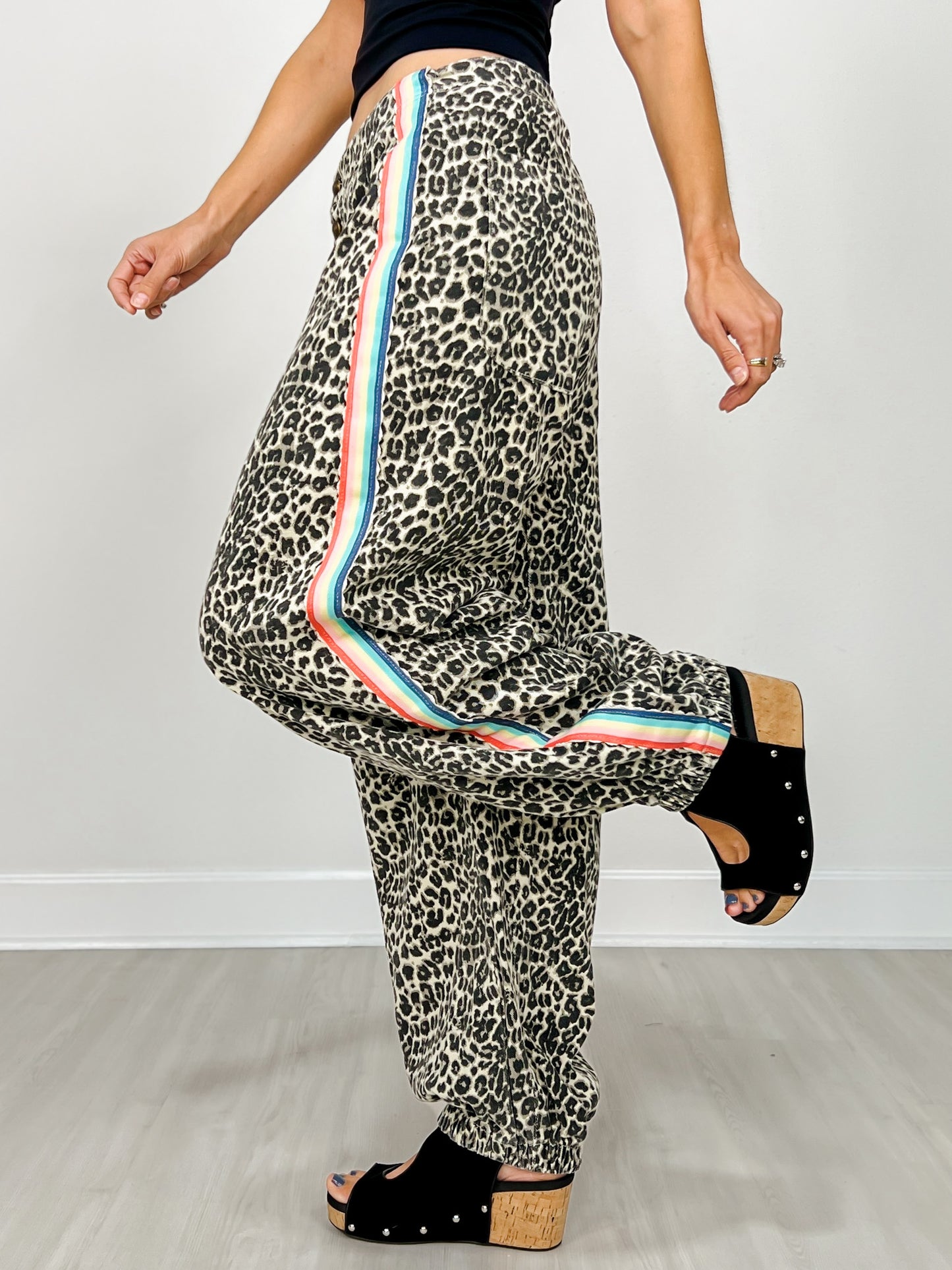 Relaxed Fit Leopard Pants with Side Tape Detail