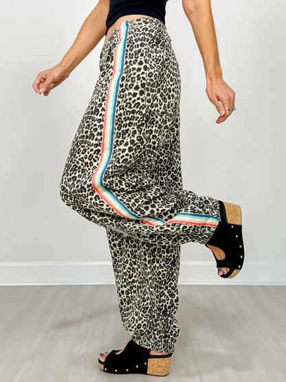 Relaxed Fit Leopard Pants with Side Tape Detail