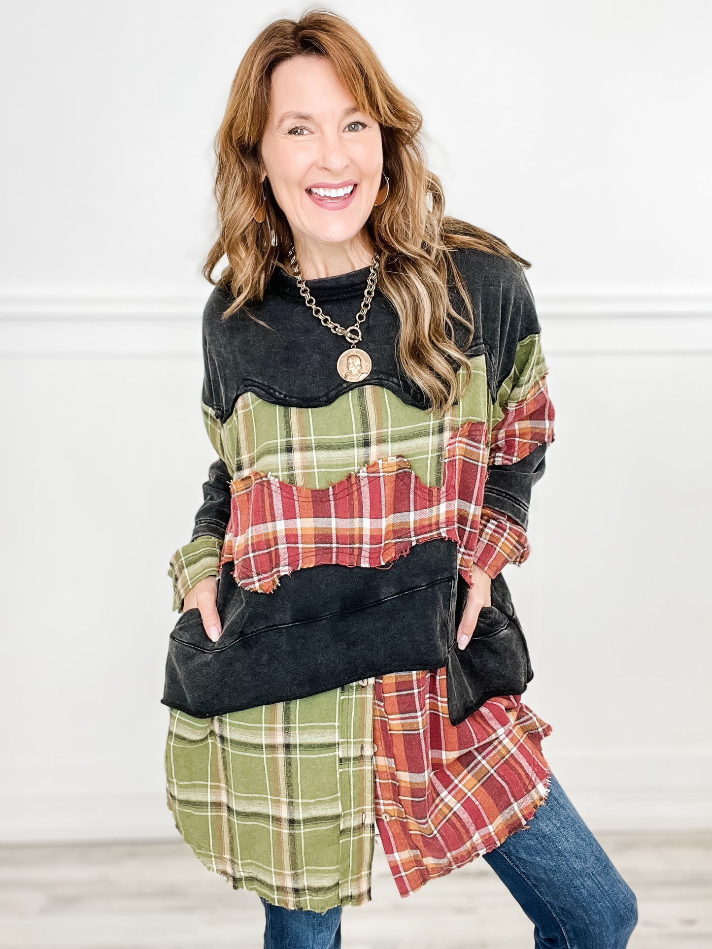 Long Sleeve Washed Plaid Patchwork Tunic Top