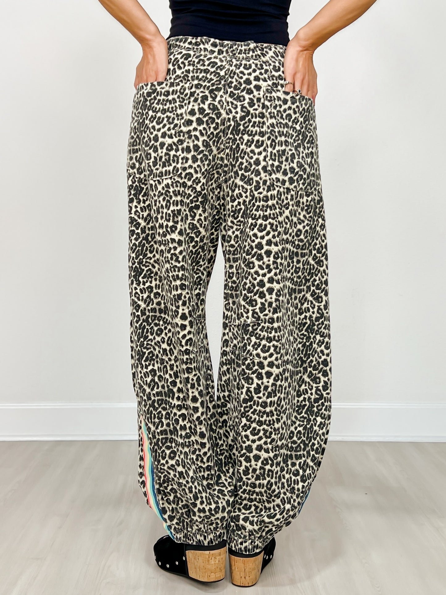 Relaxed Fit Leopard Pants with Side Tape Detail
