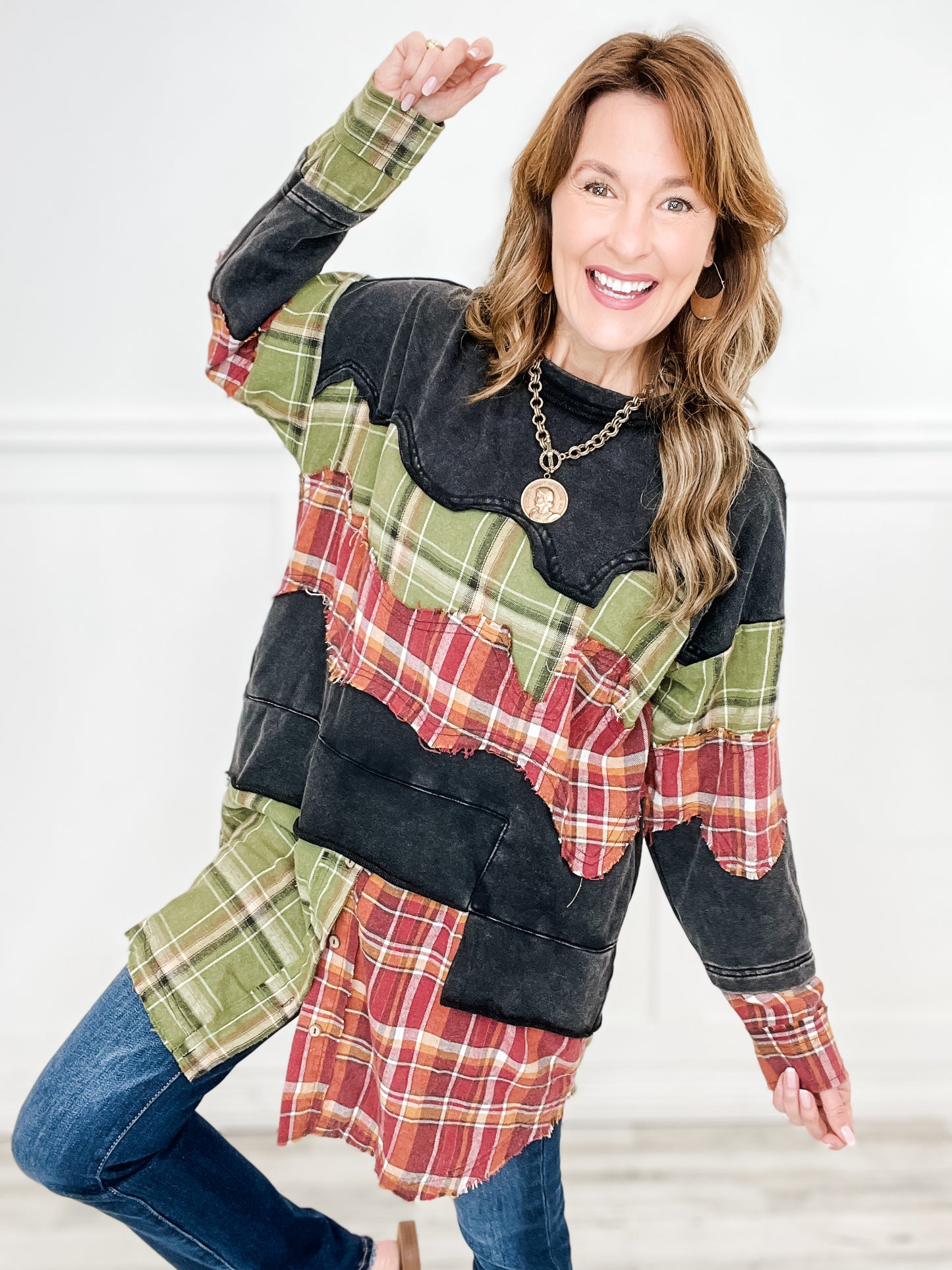 Long Sleeve Washed Plaid Patchwork Tunic Top