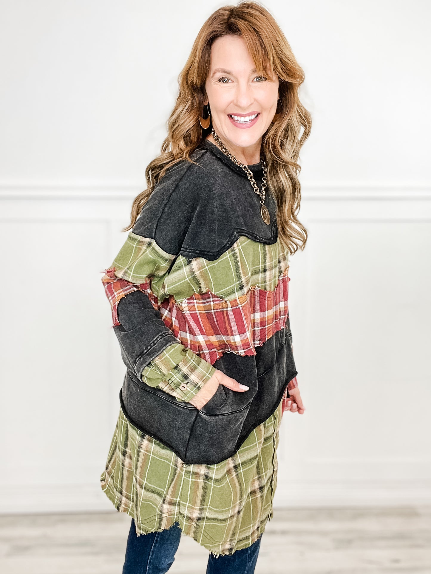 Long Sleeve Washed Plaid Patchwork Tunic Top