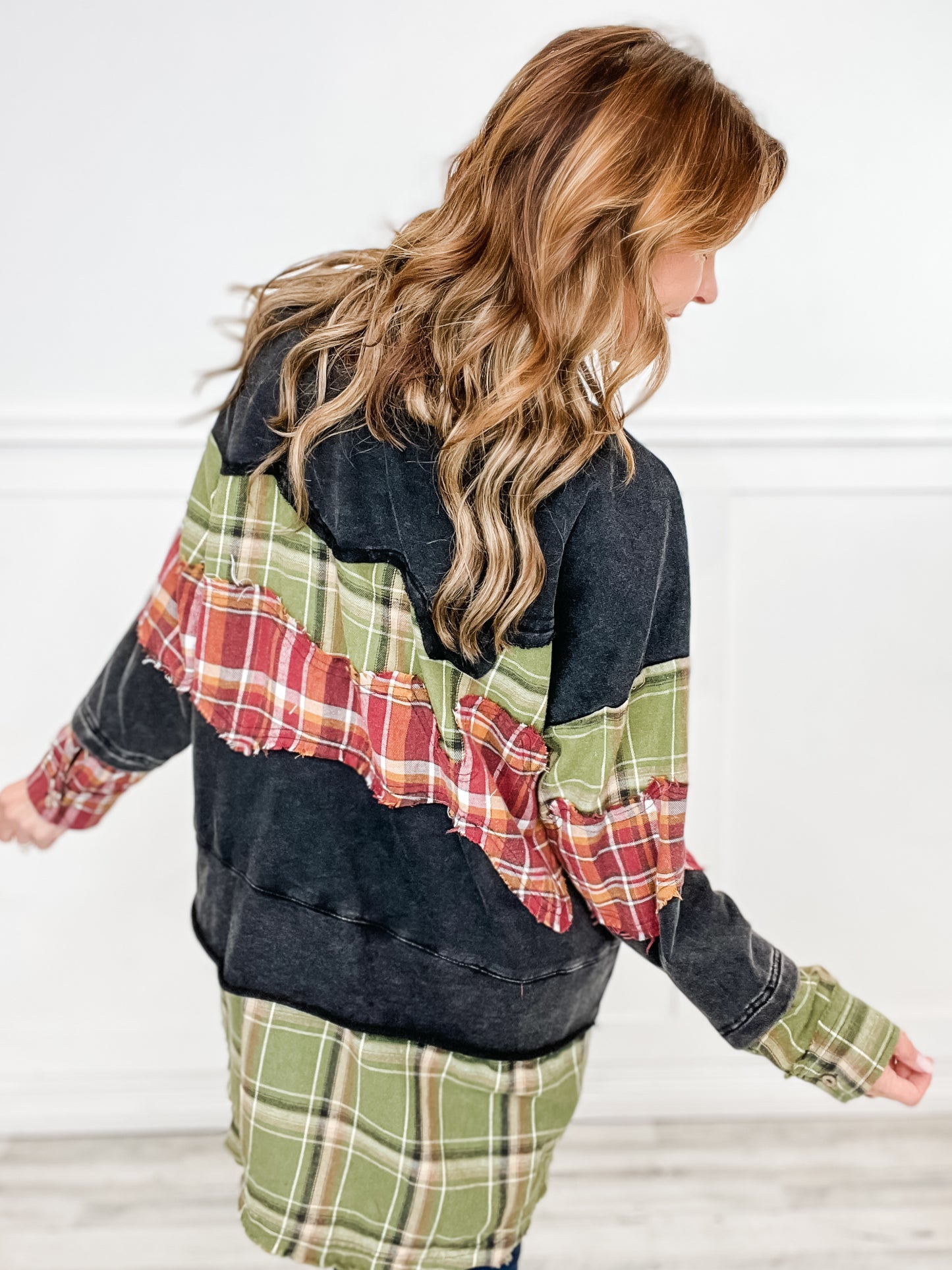 Long Sleeve Washed Plaid Patchwork Tunic Top