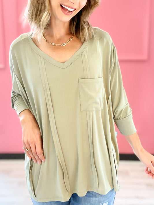 Behind The Eight Ball Oversized V-Neck Knit Top with 3/4 Length Sleeves