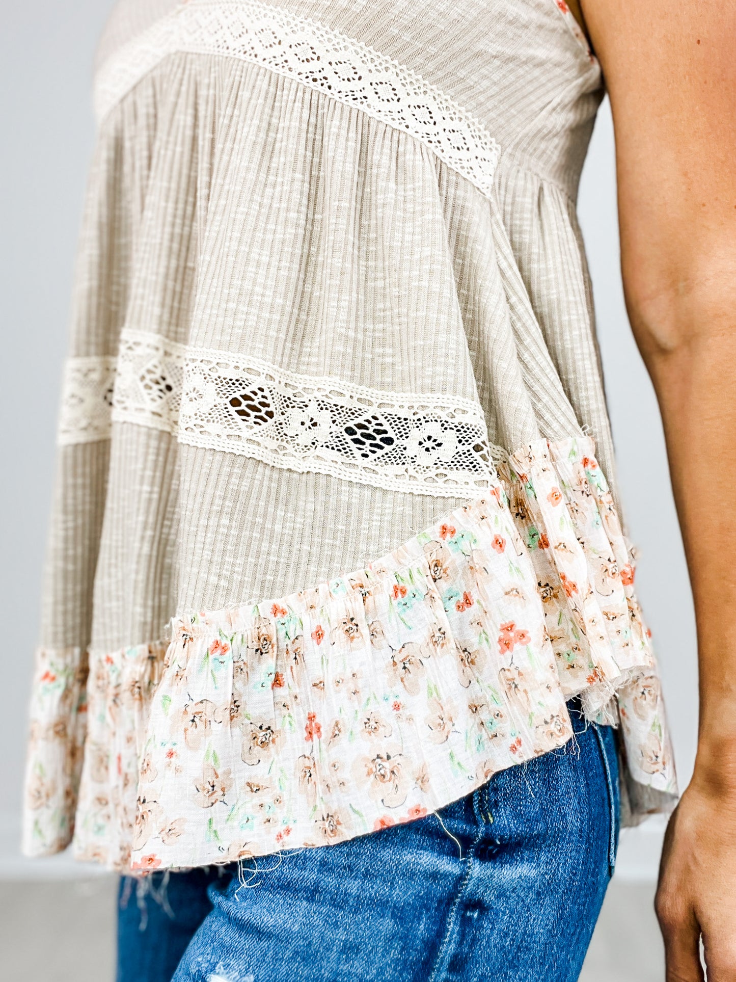 Ribbed Jersey V-Neck Sleeveless Top with Lace Detail