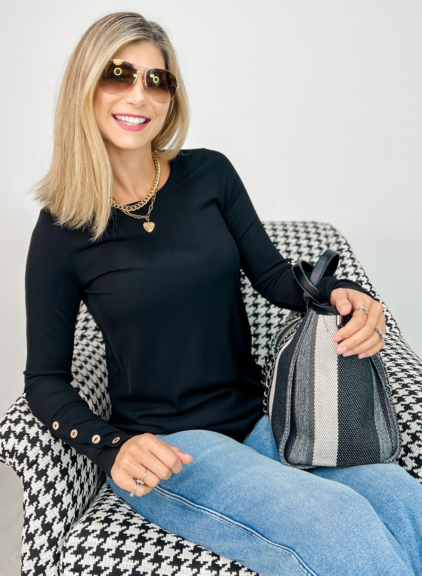 Knit Long Sleeve Top with Button Detail Sleeves