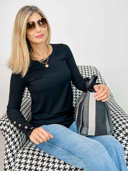 Knit Long Sleeve Top with Button Detail Sleeves