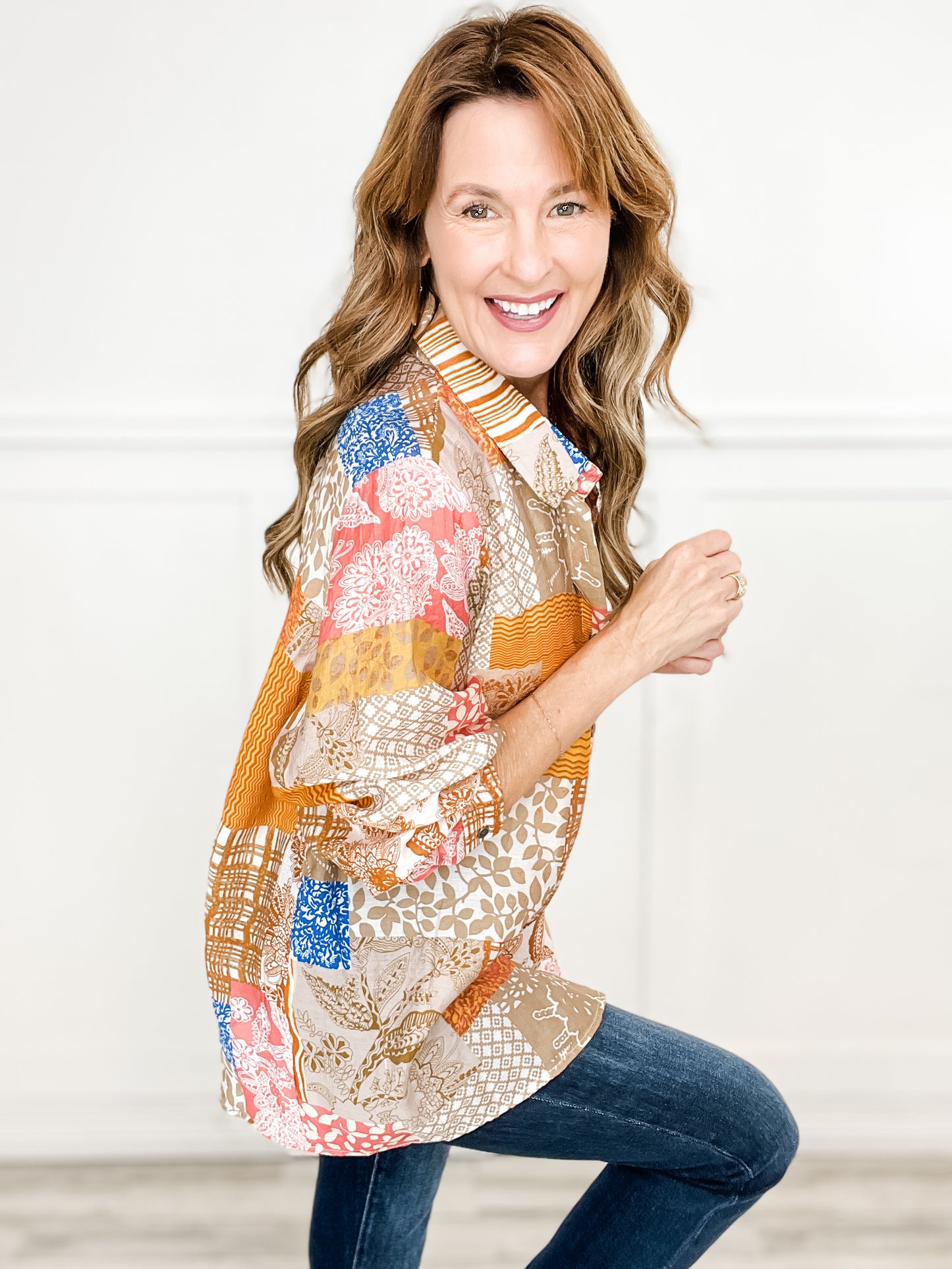 Oversize multi patterns button down top