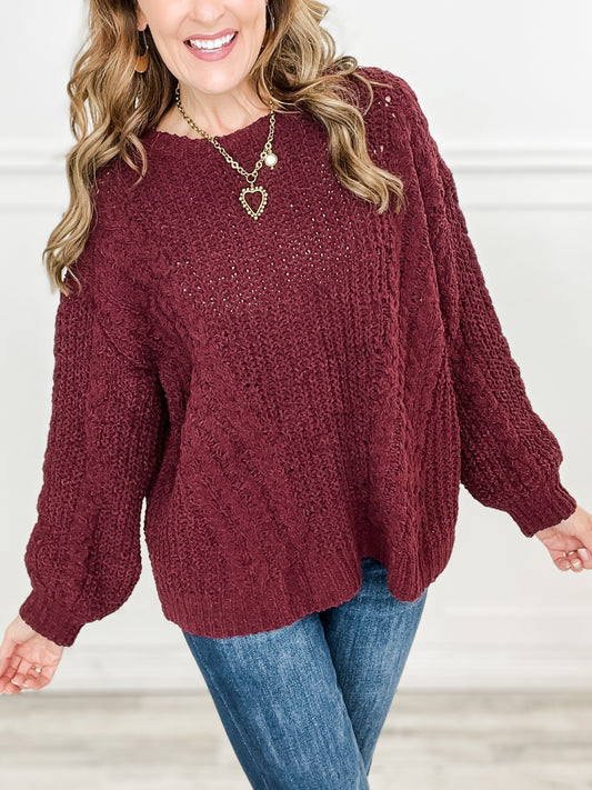 Oversize cable knit round neck pullover sweater