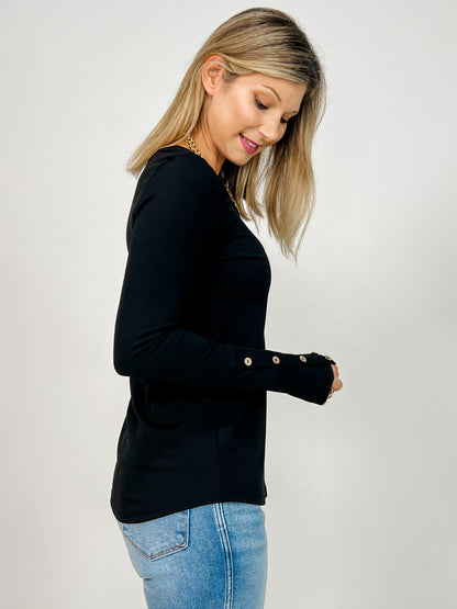 Knit Long Sleeve Top with Button Detail Sleeves