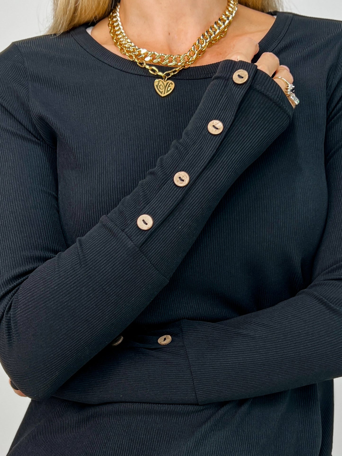 Knit Long Sleeve Top with Button Detail Sleeves