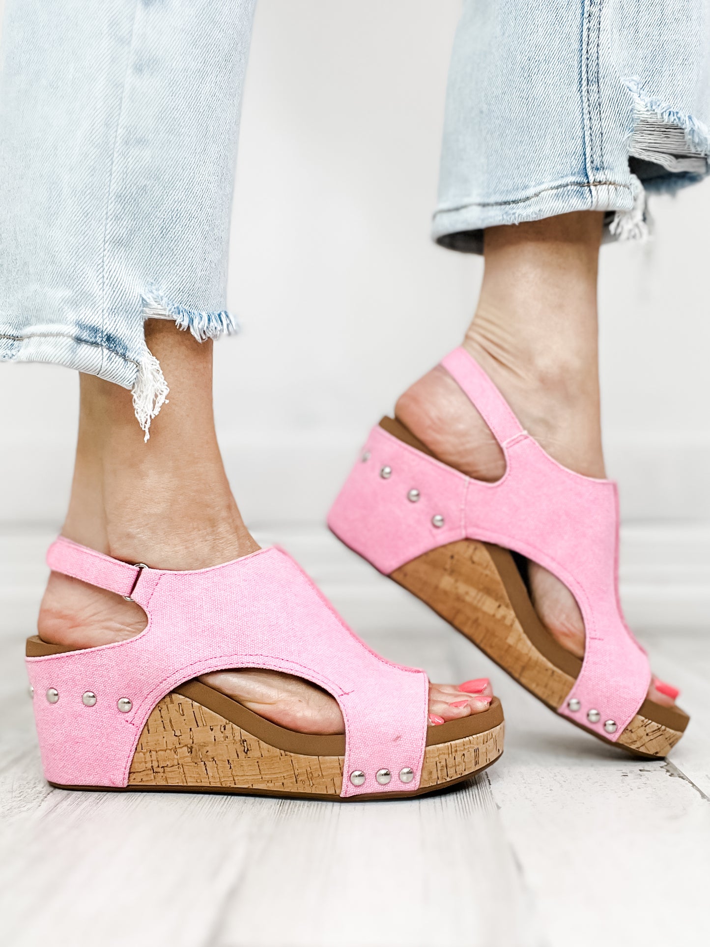 Corkys Carley Light Pink Washed Canvas Wedge Shoe