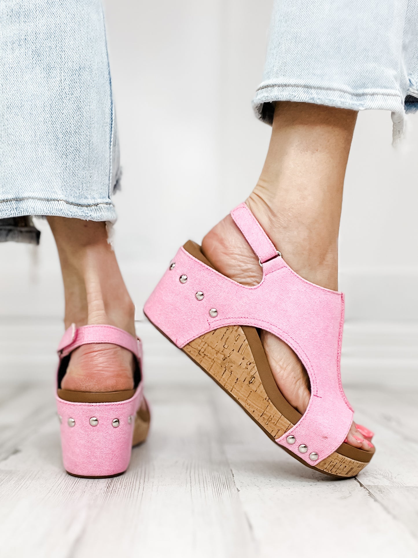 Corkys Carley Light Pink Washed Canvas Wedge Shoe