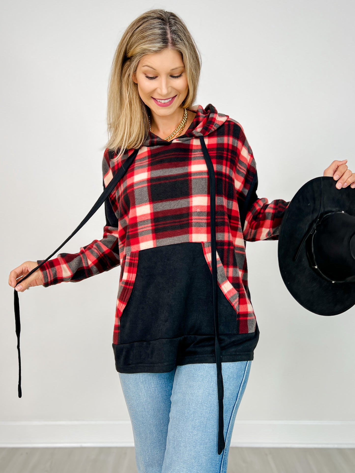 Plaid Knit Hooded Top with Kangaroo Pouch