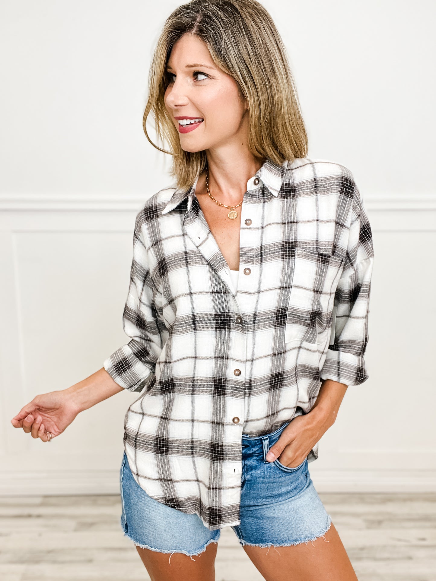 Collared Button Down Long Sleeve Plaid Top