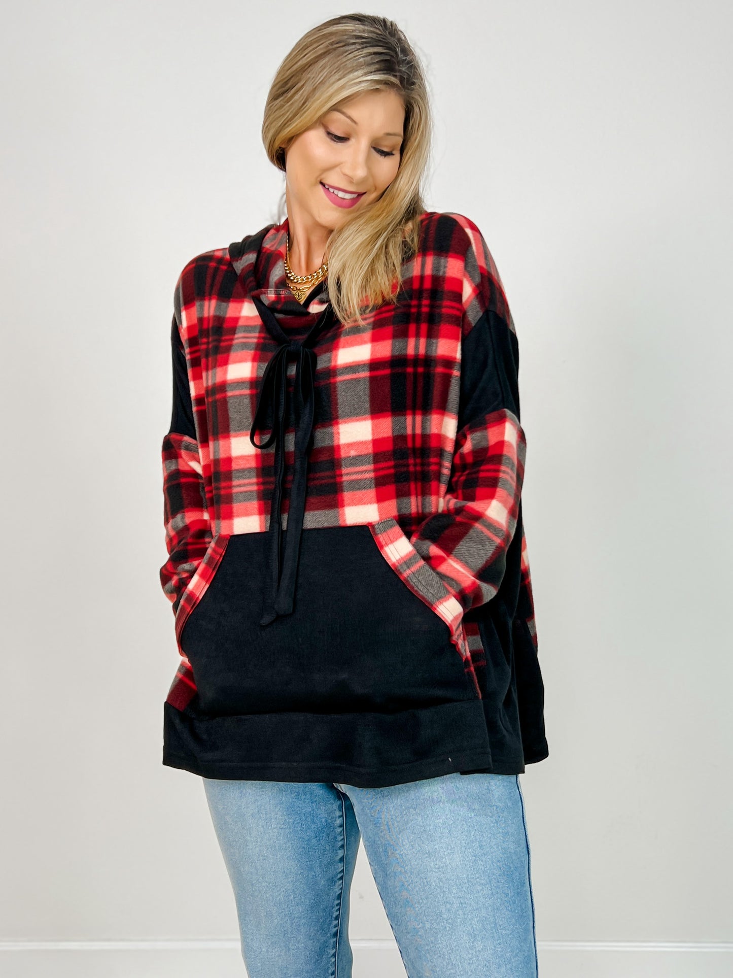 Plaid Knit Hooded Top with Kangaroo Pouch