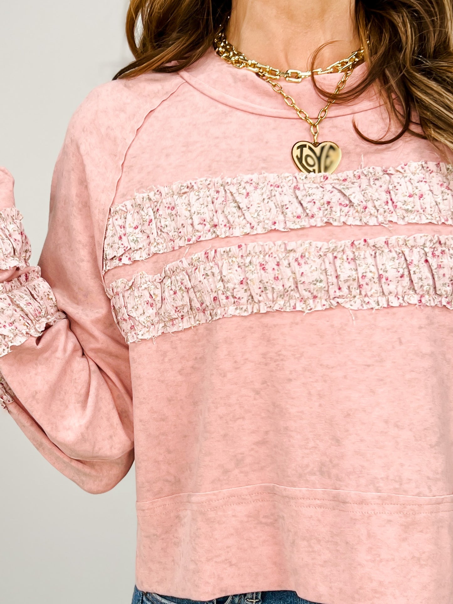 Vintage Wash Round Neck Balloon Sleeve Top