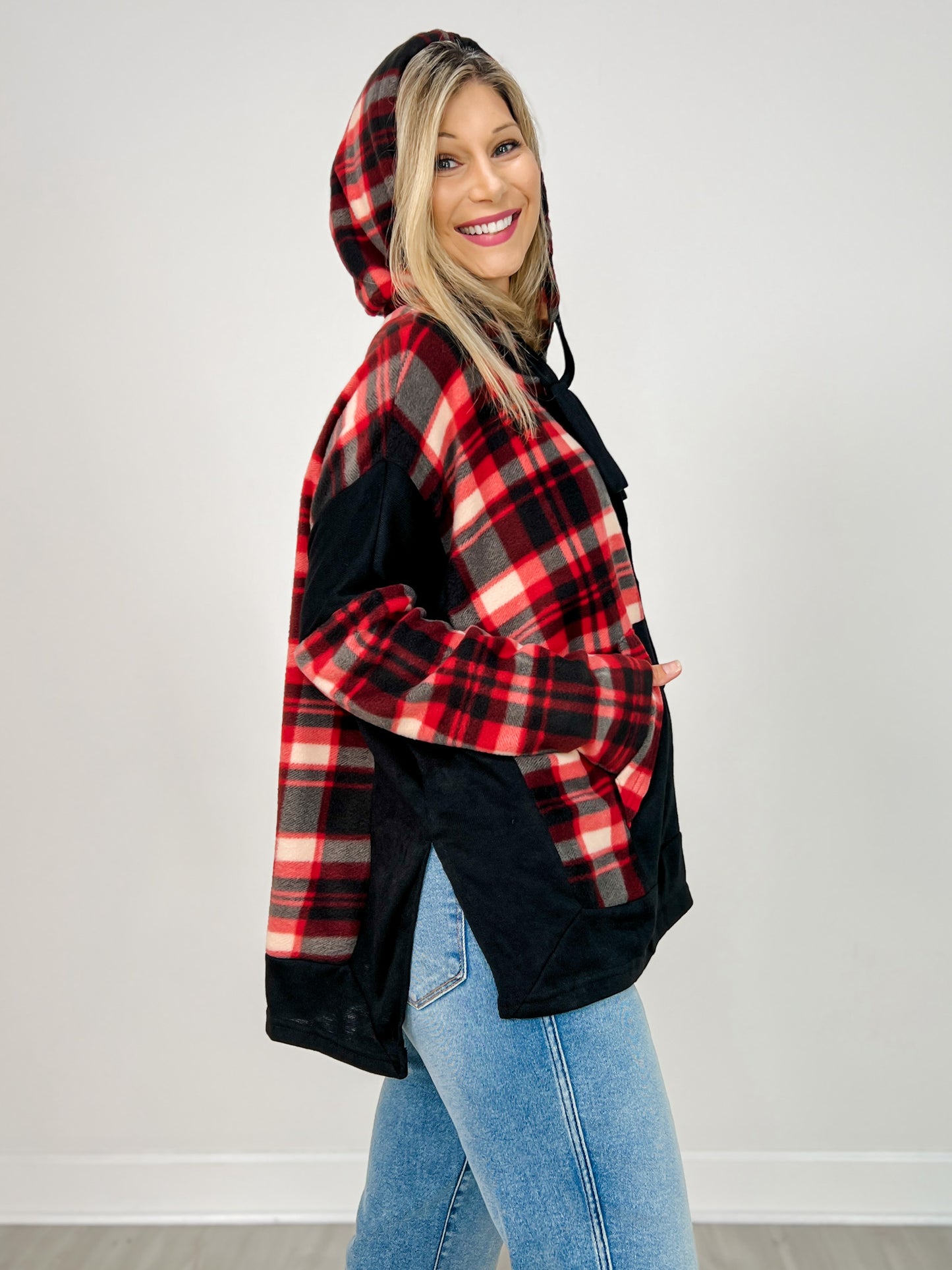Plaid Knit Hooded Top with Kangaroo Pouch