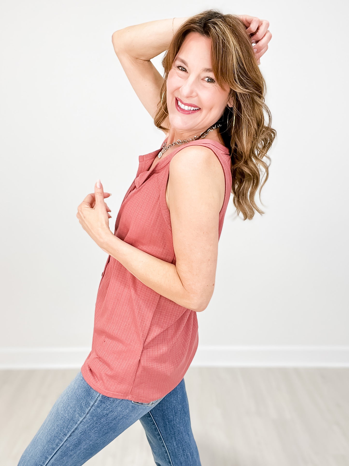 Solid Ribbed Rank Top with Button Front