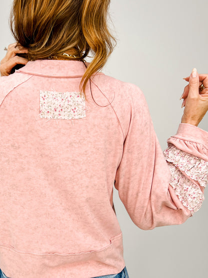 Vintage Wash Round Neck Balloon Sleeve Top