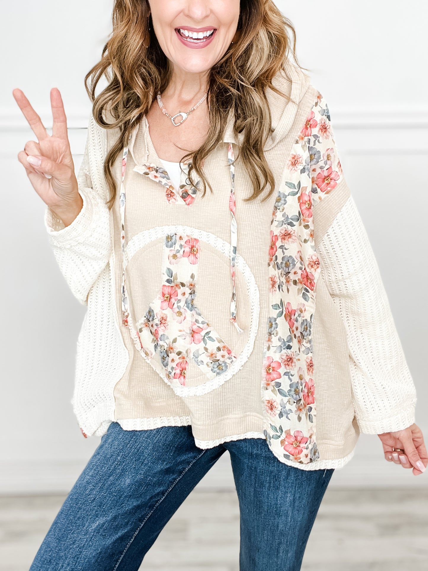 Long sleeve floral peace patch ribbed hoodie top