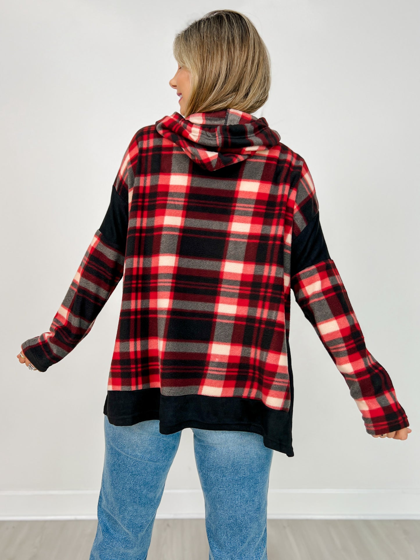 Plaid Knit Hooded Top with Kangaroo Pouch