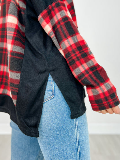 Plaid Knit Hooded Top with Kangaroo Pouch