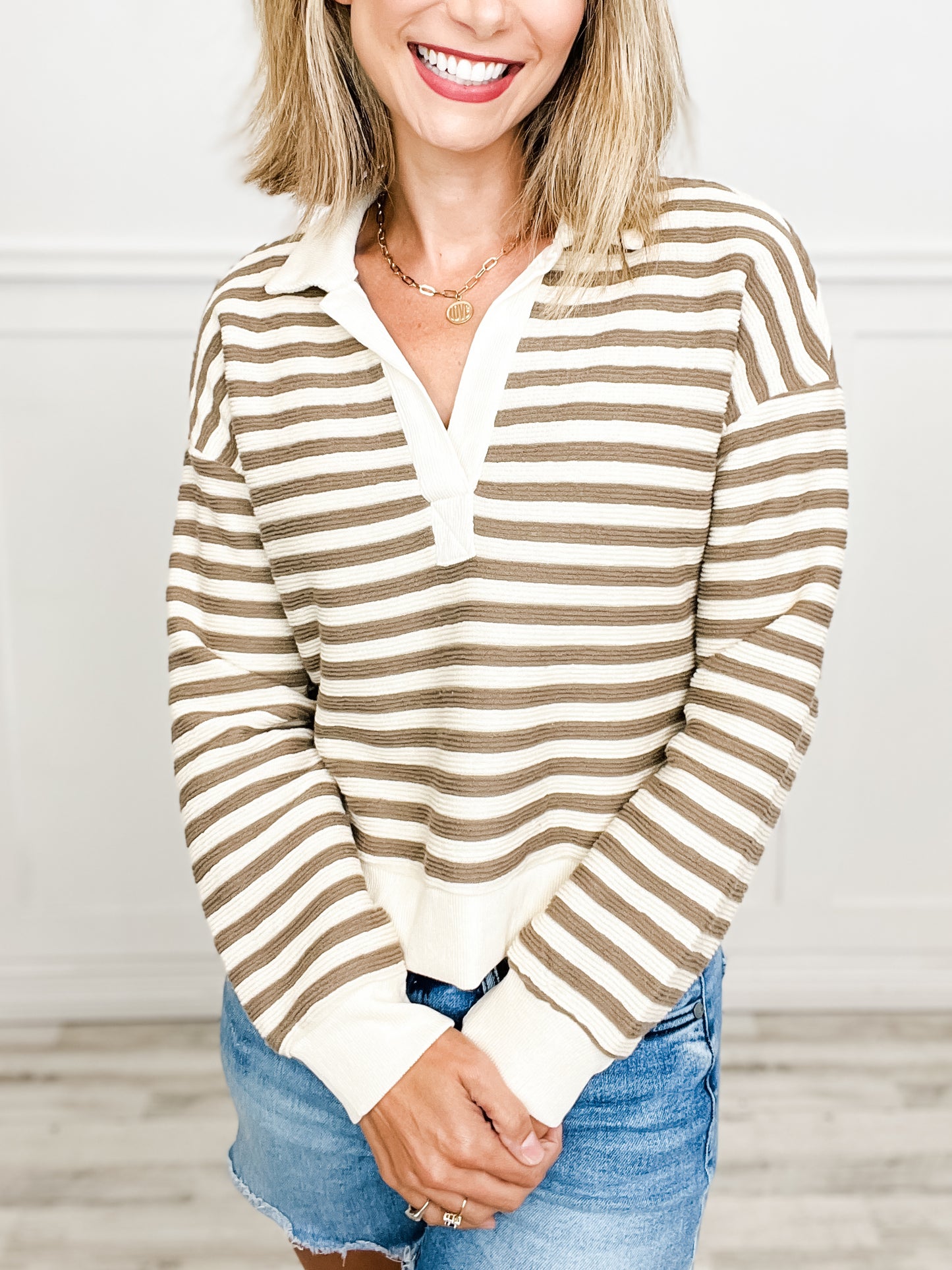 Striped Drop Sleeve Collared Knit Top