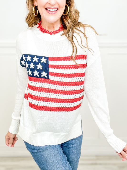 American Flag Crewneck Lightweight Sweater Top