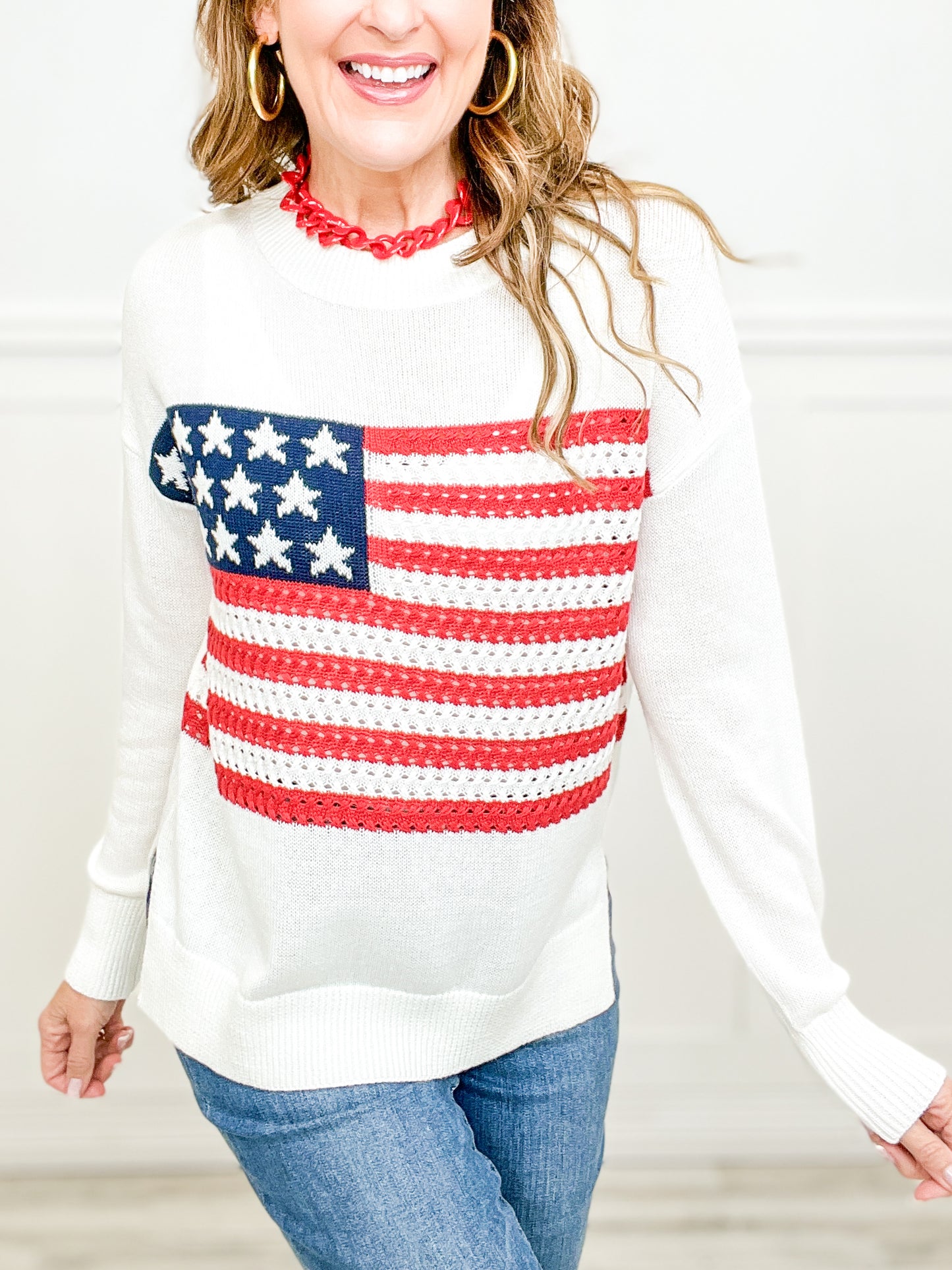 American Flag Crewneck Lightweight Sweater Top