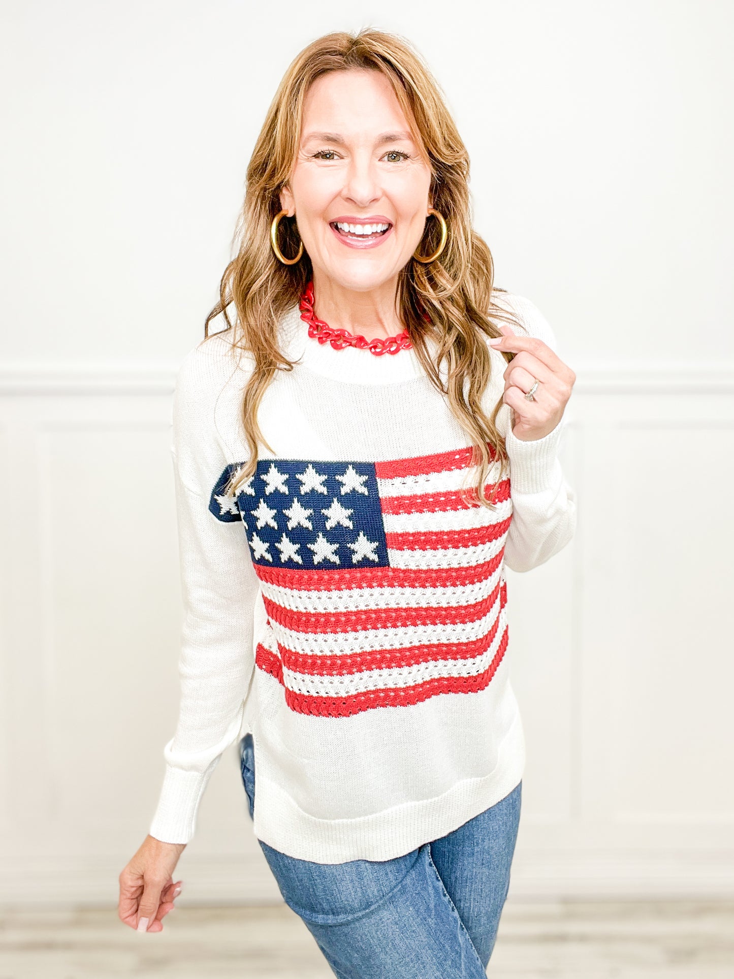 American Flag Crewneck Lightweight Sweater Top