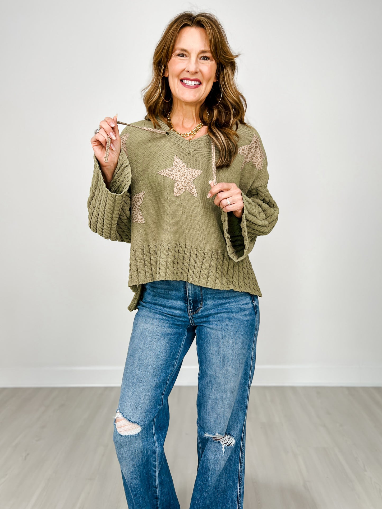 Cropped V-Neck Hoodie Sweater with Star Patches