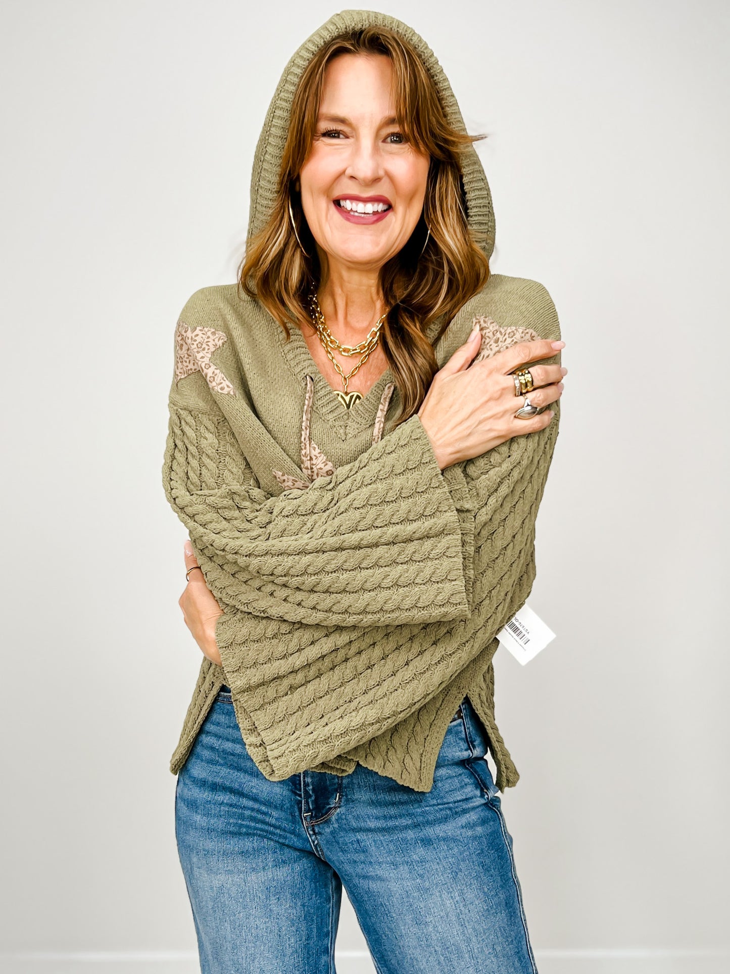 Cropped V-Neck Hoodie Sweater with Star Patches