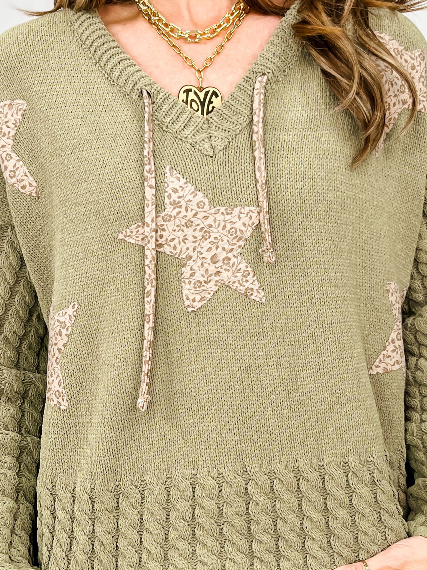 Cropped V-Neck Hoodie Sweater with Star Patches
